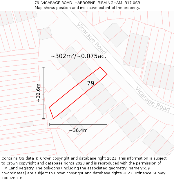 79, VICARAGE ROAD, HARBORNE, BIRMINGHAM, B17 0SR: Plot and title map