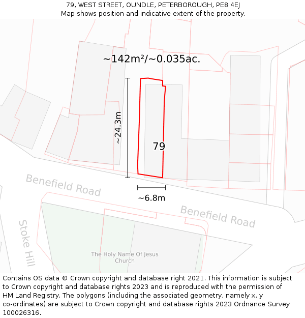 79, WEST STREET, OUNDLE, PETERBOROUGH, PE8 4EJ: Plot and title map