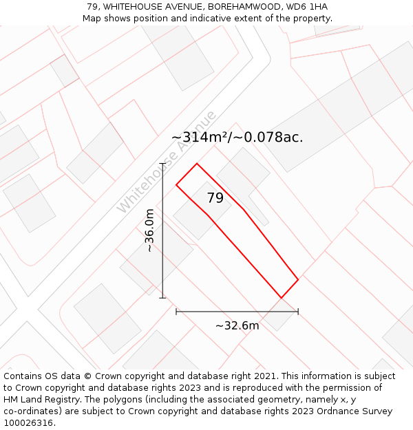 79, WHITEHOUSE AVENUE, BOREHAMWOOD, WD6 1HA: Plot and title map