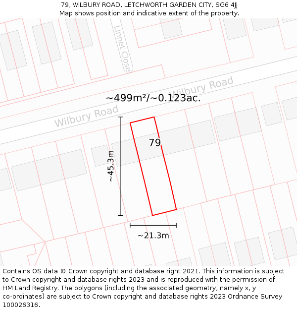 79, WILBURY ROAD, LETCHWORTH GARDEN CITY, SG6 4JJ: Plot and title map