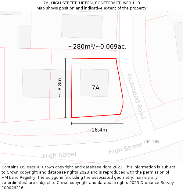 7A, HIGH STREET, UPTON, PONTEFRACT, WF9 1HR: Plot and title map