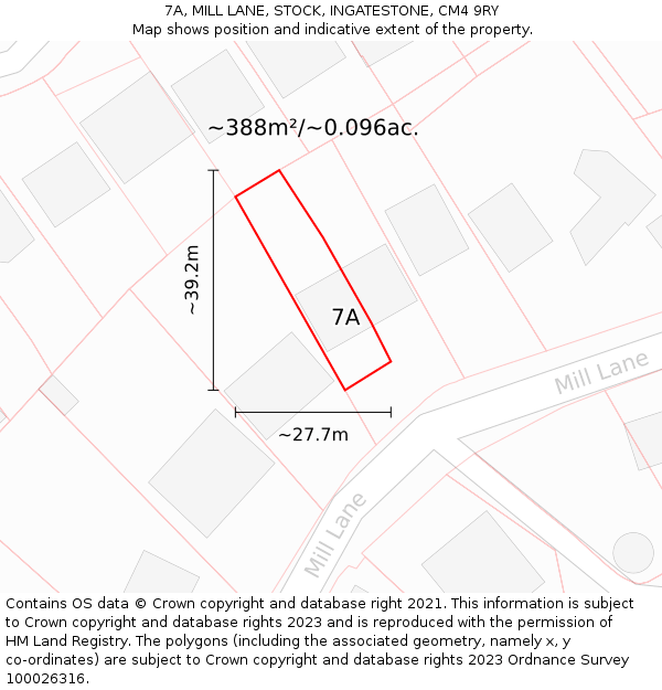 7A, MILL LANE, STOCK, INGATESTONE, CM4 9RY: Plot and title map