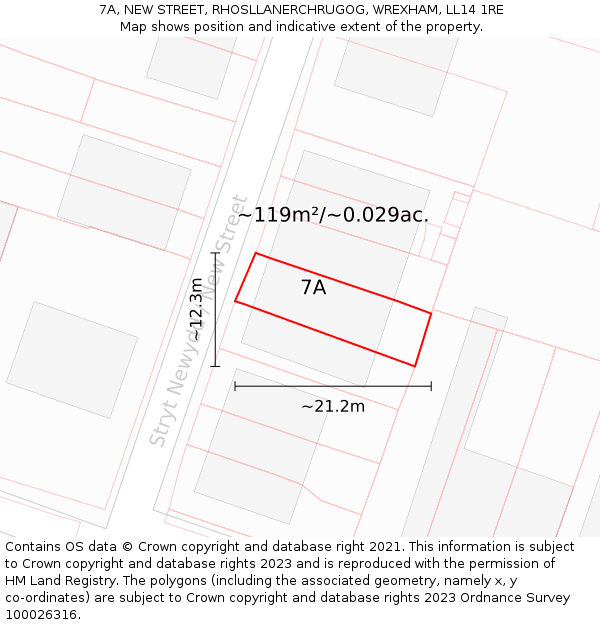 7A, NEW STREET, RHOSLLANERCHRUGOG, WREXHAM, LL14 1RE: Plot and title map