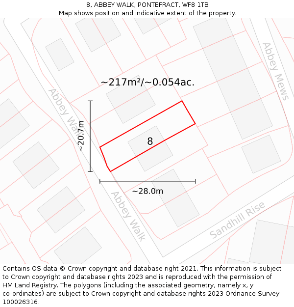 8, ABBEY WALK, PONTEFRACT, WF8 1TB: Plot and title map