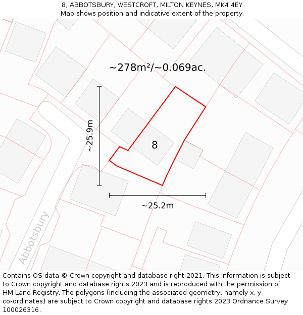 8, ABBOTSBURY, WESTCROFT, MILTON KEYNES, MK4 4EY: Plot and title map