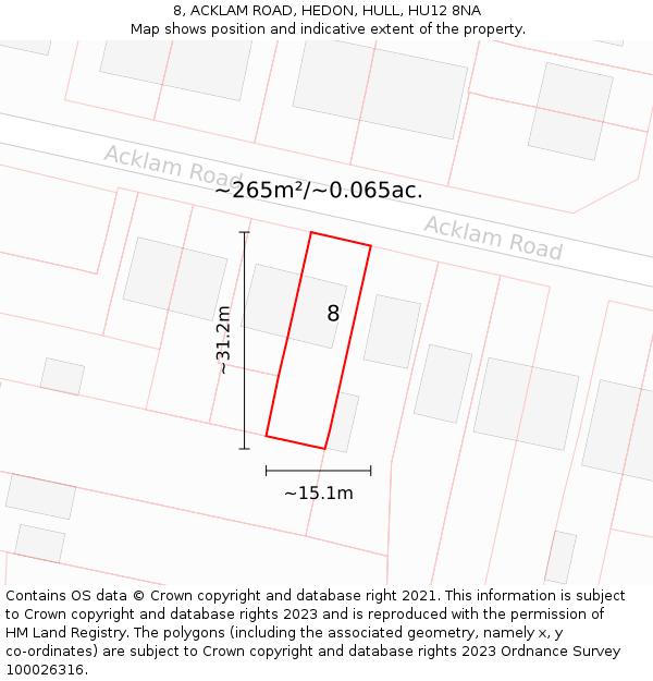 8, ACKLAM ROAD, HEDON, HULL, HU12 8NA: Plot and title map