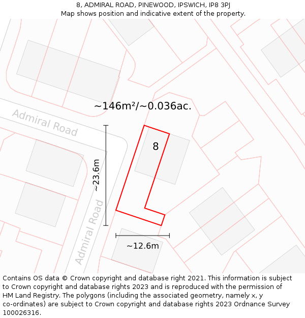 8, ADMIRAL ROAD, PINEWOOD, IPSWICH, IP8 3PJ: Plot and title map