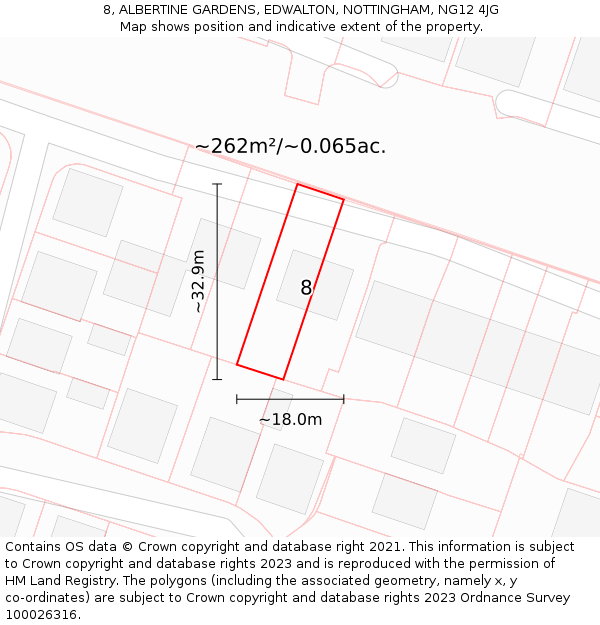 8, ALBERTINE GARDENS, EDWALTON, NOTTINGHAM, NG12 4JG: Plot and title map