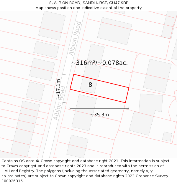 8, ALBION ROAD, SANDHURST, GU47 9BP: Plot and title map