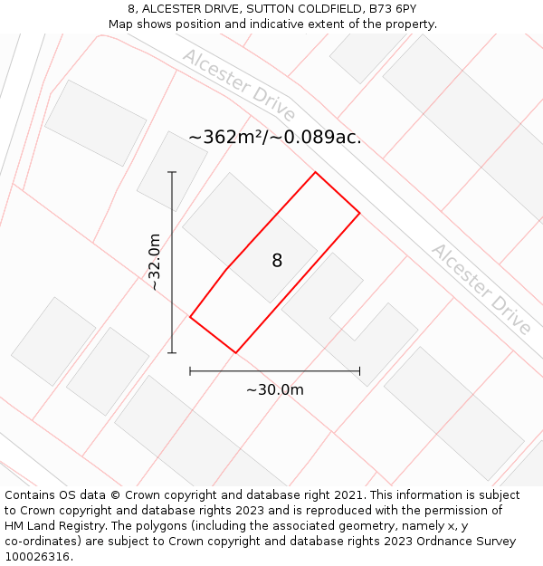 8, ALCESTER DRIVE, SUTTON COLDFIELD, B73 6PY: Plot and title map