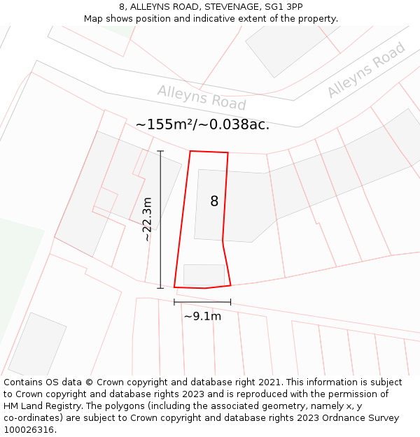 8, ALLEYNS ROAD, STEVENAGE, SG1 3PP: Plot and title map