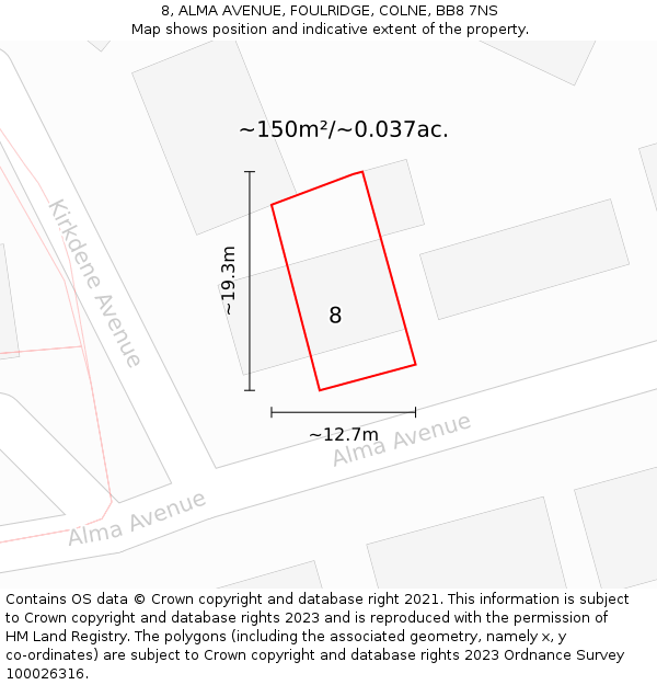 8, ALMA AVENUE, FOULRIDGE, COLNE, BB8 7NS: Plot and title map