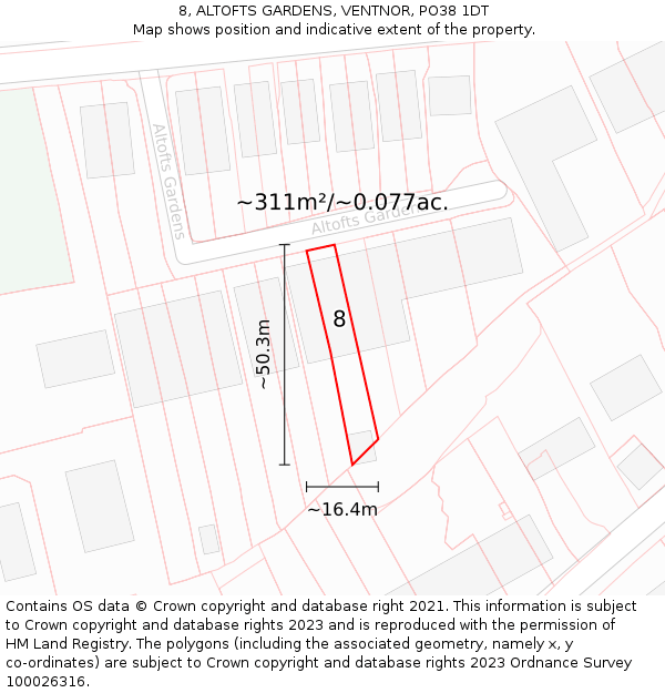 8, ALTOFTS GARDENS, VENTNOR, PO38 1DT: Plot and title map