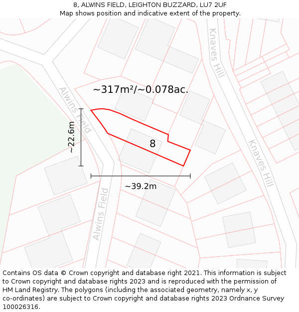 8, ALWINS FIELD, LEIGHTON BUZZARD, LU7 2UF: Plot and title map