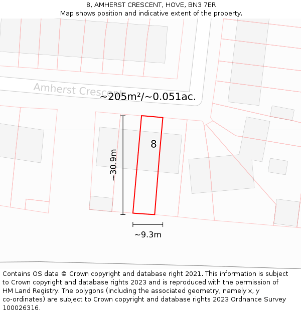 8, AMHERST CRESCENT, HOVE, BN3 7ER: Plot and title map