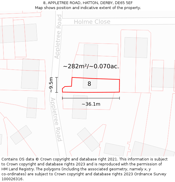 8, APPLETREE ROAD, HATTON, DERBY, DE65 5EF: Plot and title map