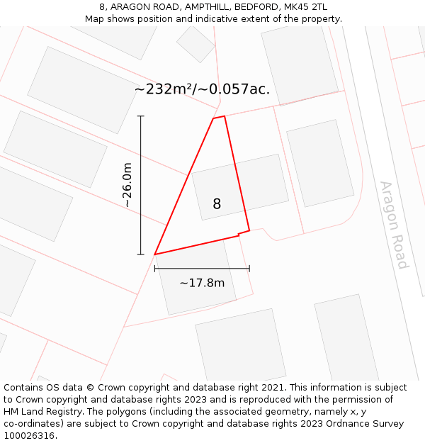 8, ARAGON ROAD, AMPTHILL, BEDFORD, MK45 2TL: Plot and title map