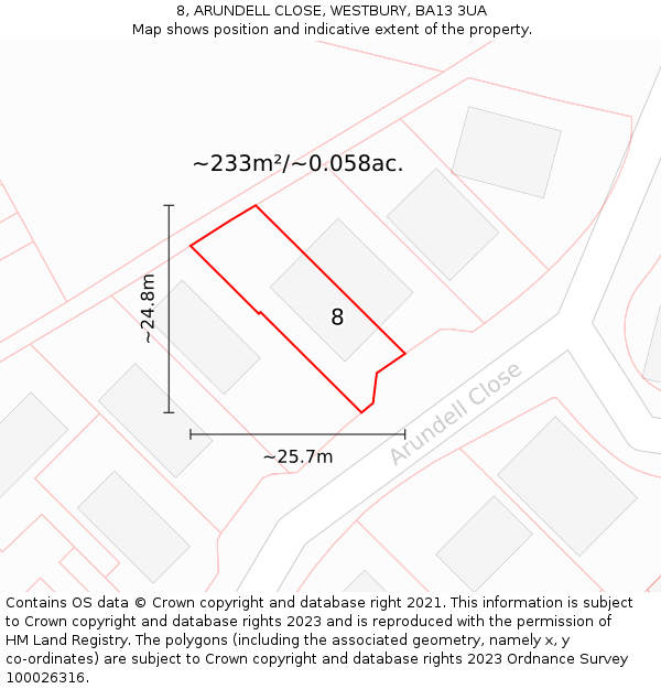 8, ARUNDELL CLOSE, WESTBURY, BA13 3UA: Plot and title map