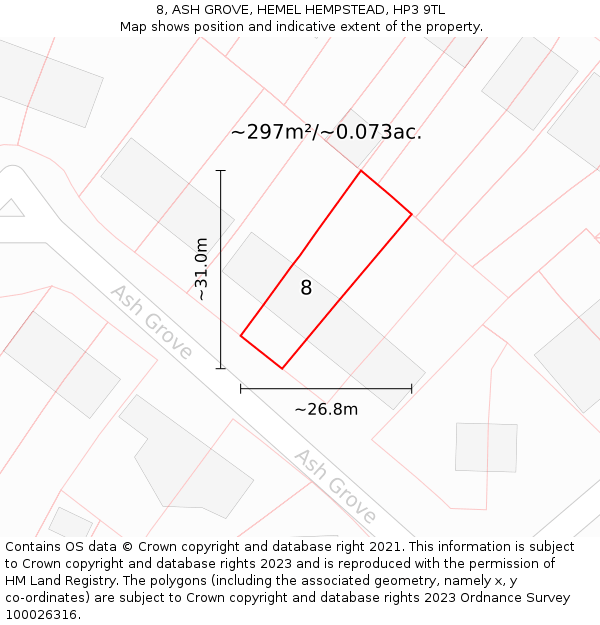 8, ASH GROVE, HEMEL HEMPSTEAD, HP3 9TL: Plot and title map