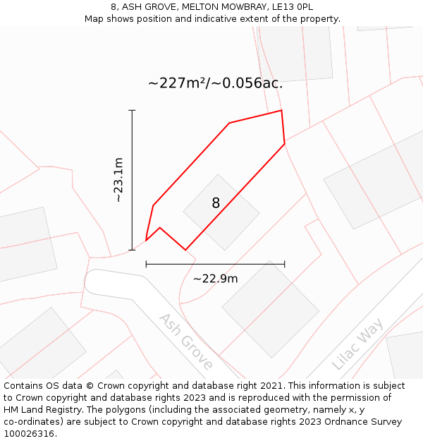 8, ASH GROVE, MELTON MOWBRAY, LE13 0PL: Plot and title map