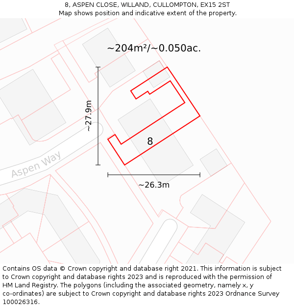 8, ASPEN CLOSE, WILLAND, CULLOMPTON, EX15 2ST: Plot and title map