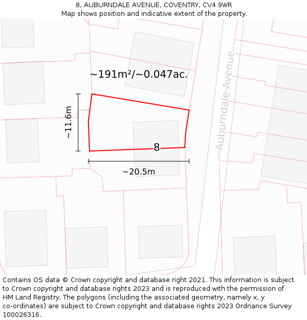 8, AUBURNDALE AVENUE, COVENTRY, CV4 9WR: Plot and title map