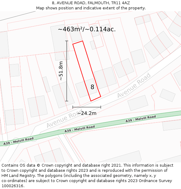 8, AVENUE ROAD, FALMOUTH, TR11 4AZ: Plot and title map