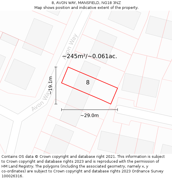 8, AVON WAY, MANSFIELD, NG18 3NZ: Plot and title map