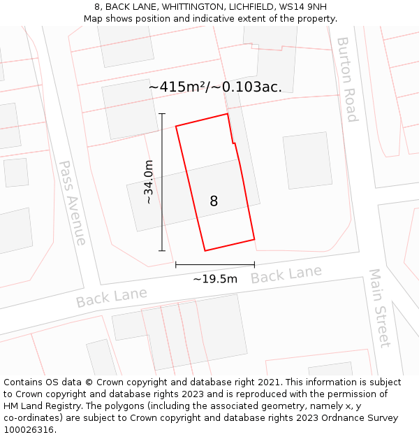 8, BACK LANE, WHITTINGTON, LICHFIELD, WS14 9NH: Plot and title map