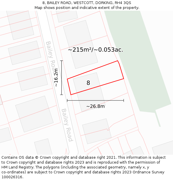 8, BAILEY ROAD, WESTCOTT, DORKING, RH4 3QS: Plot and title map