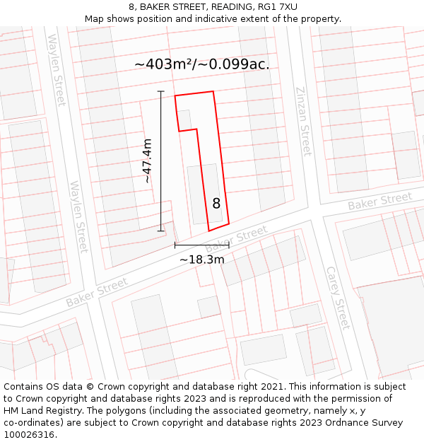 8, BAKER STREET, READING, RG1 7XU: Plot and title map