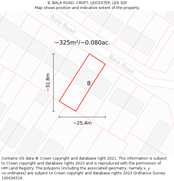 8, BALA ROAD, CROFT, LEICESTER, LE9 3GF: Plot and title map