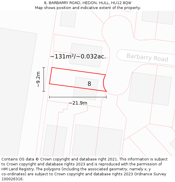 8, BARBARRY ROAD, HEDON, HULL, HU12 8QW: Plot and title map