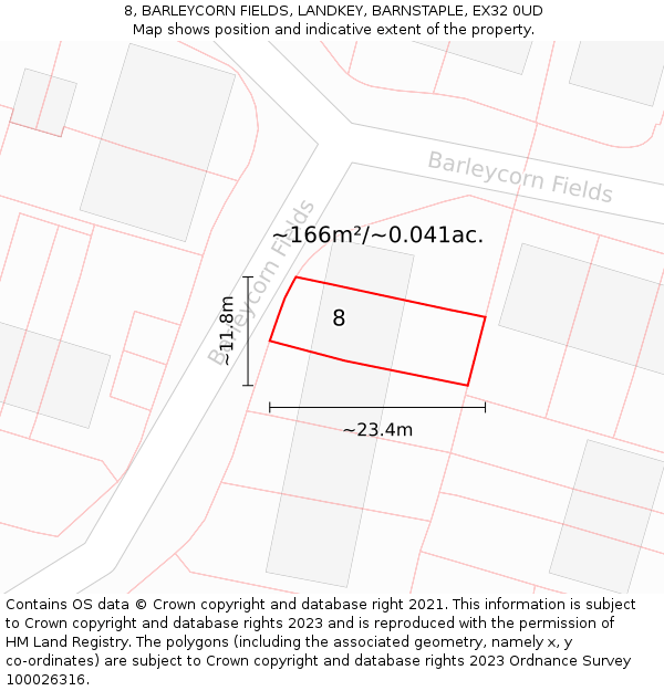 8, BARLEYCORN FIELDS, LANDKEY, BARNSTAPLE, EX32 0UD: Plot and title map