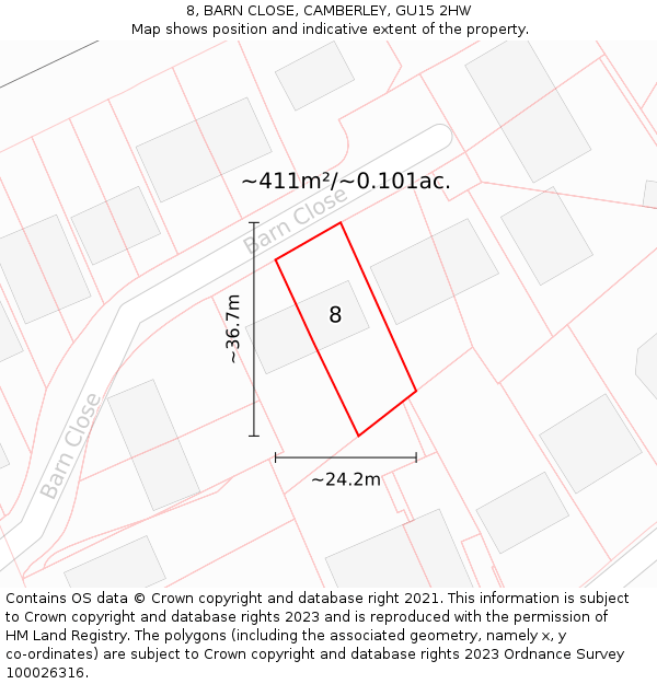 8, BARN CLOSE, CAMBERLEY, GU15 2HW: Plot and title map