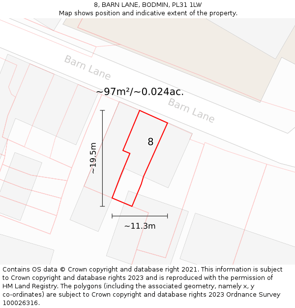 8, BARN LANE, BODMIN, PL31 1LW: Plot and title map