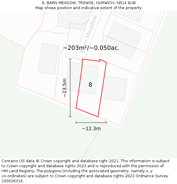 8, BARN MEADOW, TROWSE, NORWICH, NR14 8UB: Plot and title map