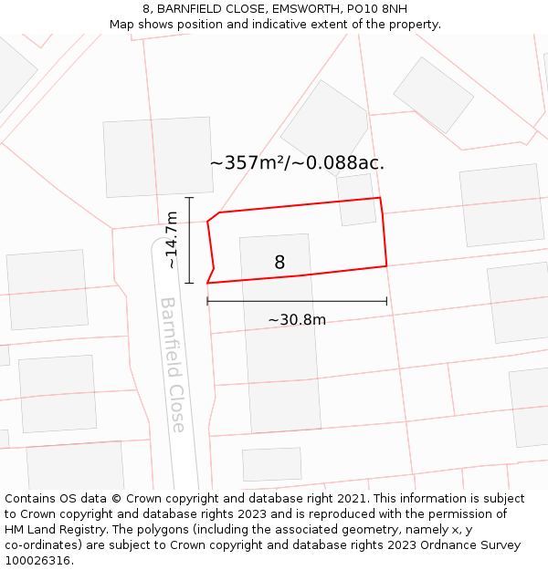 8, BARNFIELD CLOSE, EMSWORTH, PO10 8NH: Plot and title map