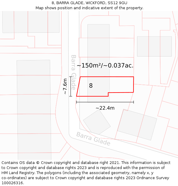 8, BARRA GLADE, WICKFORD, SS12 9GU: Plot and title map