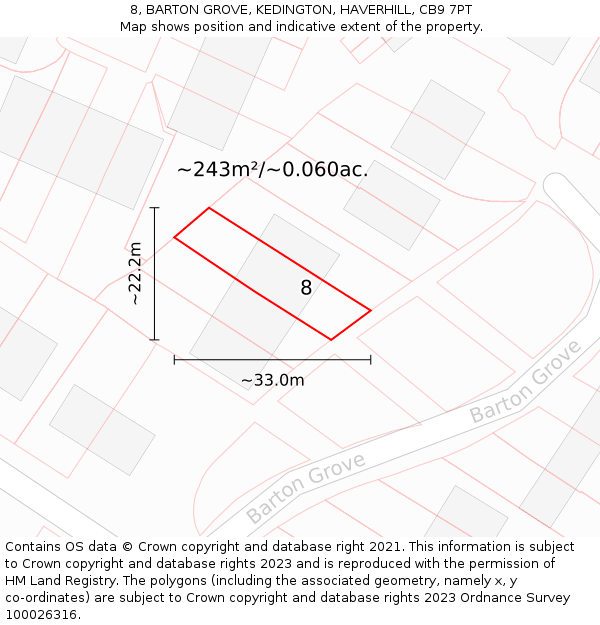 8, BARTON GROVE, KEDINGTON, HAVERHILL, CB9 7PT: Plot and title map