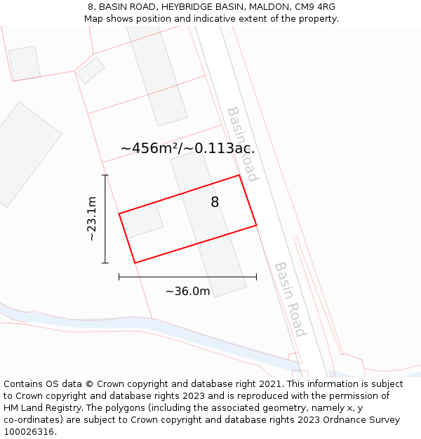 8, BASIN ROAD, HEYBRIDGE BASIN, MALDON, CM9 4RG: Plot and title map