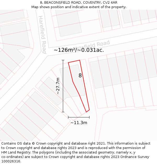 8, BEACONSFIELD ROAD, COVENTRY, CV2 4AR: Plot and title map