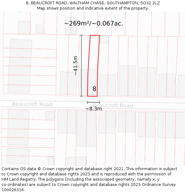 8, BEAUCROFT ROAD, WALTHAM CHASE, SOUTHAMPTON, SO32 2LZ: Plot and title map