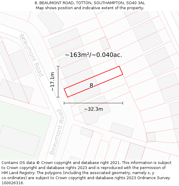 8, BEAUMONT ROAD, TOTTON, SOUTHAMPTON, SO40 3AL: Plot and title map