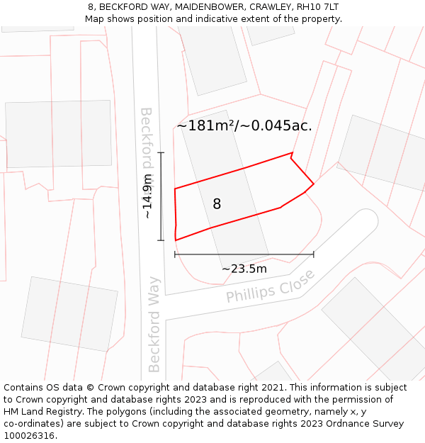 8, BECKFORD WAY, MAIDENBOWER, CRAWLEY, RH10 7LT: Plot and title map