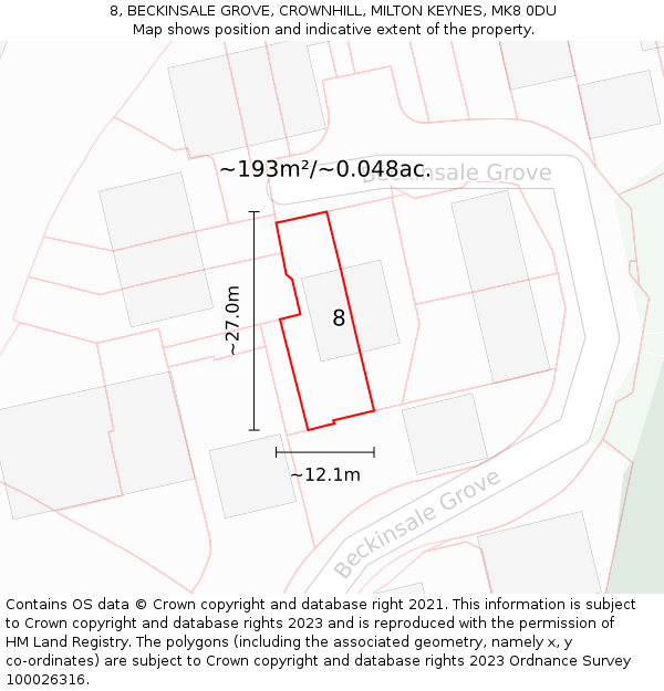 8, BECKINSALE GROVE, CROWNHILL, MILTON KEYNES, MK8 0DU: Plot and title map