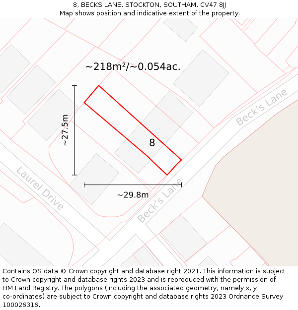 8, BECKS LANE, STOCKTON, SOUTHAM, CV47 8JJ: Plot and title map