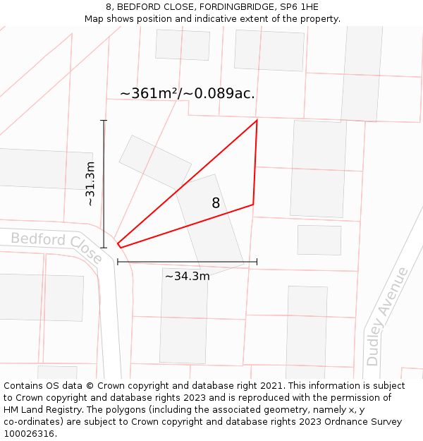 8, BEDFORD CLOSE, FORDINGBRIDGE, SP6 1HE: Plot and title map