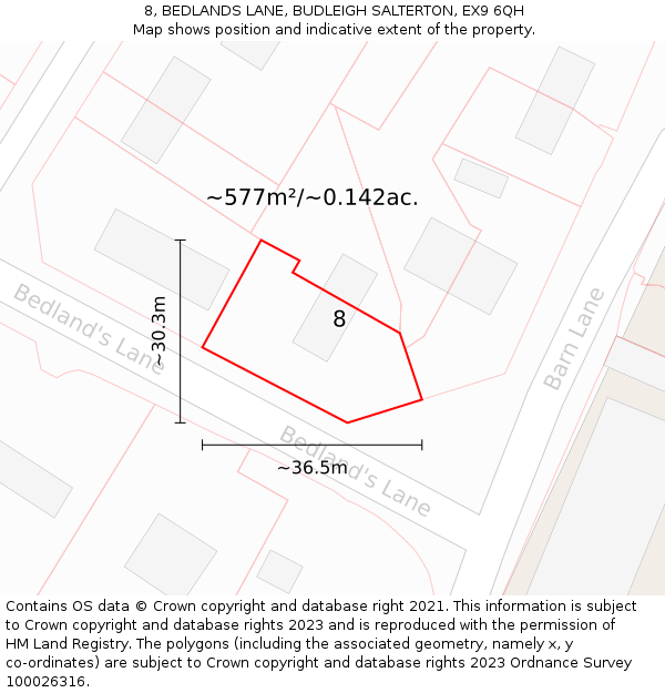 8, BEDLANDS LANE, BUDLEIGH SALTERTON, EX9 6QH: Plot and title map