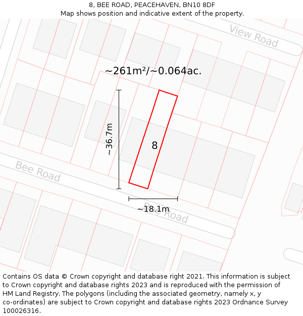 8, BEE ROAD, PEACEHAVEN, BN10 8DF: Plot and title map